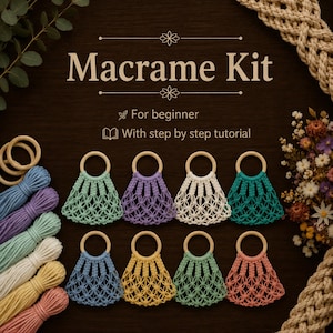 Beginner Macrame Bag Kit, Cotton Cord, Wooden Handles, Step-by-Step Tutorial