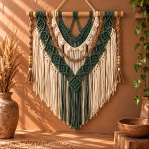 Puede incluir: Un tapiz de macramé con cuerdas de algodón en verde oscuro, crema y beige anudadas en complejos patrones geométricos. La pieza cuelga de un soporte de madera y presenta cuentas de madera decorativas y largos flecos colgantes.