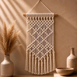 Op de afbeelding: Een crèmekleurige macramé wandhanger met een ruitvormig knooppatroon, opgehangen aan een horizontale houten stok met een wit koord. Het stuk eindigt aan de onderkant met een reeks verticale franjes.
