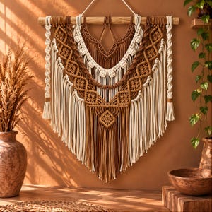 Könnte beinhalten: Ein großer Makramee-Wandbehang mit komplexen Knotenmustern in Creme-, Beige- und Brauntönen. Das Design umfasst geschichtete V-förmige Abschnitte, rautenförmige Knoten und lange Fransen, die an einem horizontalen Holzstab befestigt sind.