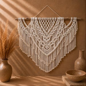 Puede incluir: Un tapiz de macramé color crema con intrincados patrones de nudos y largos flecos, suspendido de una rama de madera natural con un cordón fino. El diseño muestra una forma de V simétrica con detalles trenzados en capas.