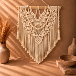 May include: A cream-coloured macrame wall hanging suspended from a horizontal wooden dowel. The piece features intricate knotted patterns, including diamond shapes and layered swags, finished with long fringe and wooden beads on the side cords.