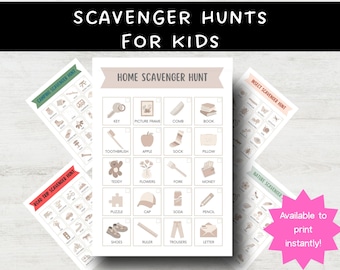 May include: Printable scavenger hunt game for kids. The image features several scavenger hunt lists, including a home scavenger hunt, a camping scavenger hunt, a road trip scavenger hunt, an insect scavenger hunt, and a nature scavenger hunt.