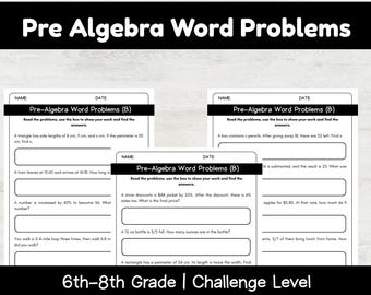 May include: Black and white worksheets with pre-algebra word problems for 6th-8th grade students. The worksheets include problems on geometry, percentages, and equations. The title "Pre Algebra Word Problems" is at the top.