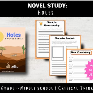 Könnte beinhalten: Ein Roman-Studienführer für das Buch "Holes" mit einer Wüstenlandschaftsillustration auf dem Cover. Enthält Arbeitsblätter für Verständnis, Charakteranalyse und Vokabular. Erhältlich im US Letter-Format.