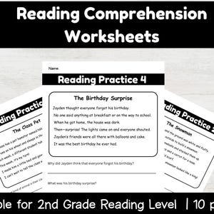 Op de afbeelding: Werkbladen voor leesbegrip voor het leesniveau van groep 2. De afbeelding toont drie werkbladen met lees- en begripsvragen. De werkbladen heten "The Class Pet", "The Birthday Surprise" en "The Snowman".