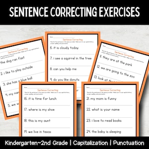 May include: Educational worksheets for sentence correction exercises. The worksheets are in a stack and have an orange border. The text on the worksheets includes sentences to rewrite, focusing on capitalization and punctuation. The worksheets are for Kindergarten to 2nd grade.