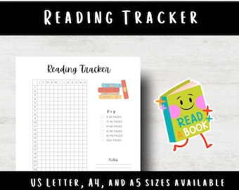 Pode incluir: Um rastreador de leitura branco com uma grade para rastrear livros lidos. As palavras "Reading Tracker" estão no topo. Um livro de desenho animado com as palavras "Read a Book" está à direita. O texto "US LETTER, A4, AND A5 SIZES AVAILABLE" está na parte inferior.