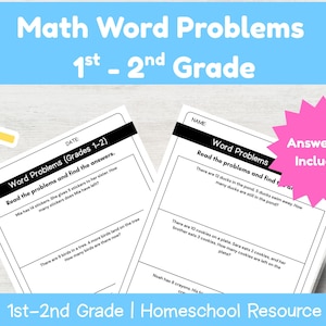 May include: Two worksheets with maths word problems for 1st and 2nd grade pupils. The worksheets have the title "Word Problems" and include addition and subtraction problems. A pink starburst graphic states "Answer Key Included!"