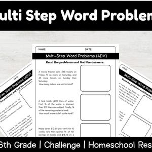 Op de afbeelding: Werkbladen voor leerlingen van groep 5-6 met de titel "Multi Step Word Problems (ADV)". De werkbladen bevatten woordproblemen met ruimte voor antwoorden. De bovenste banner luidt "Multi Step Word Problems".