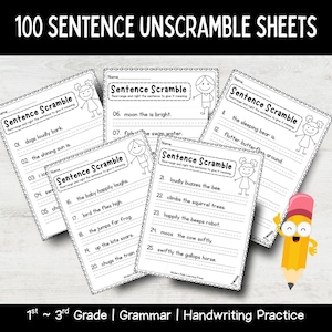 Może przedstawiać: Stos arkuszy do rozszyfrowywania zdań dla klas 1-3. Każdy arkusz ma tytuł "Sentence Scramble" i zawiera linie do pisania oraz ilustracje dzieci. Tekst na górze brzmi "100 Sentence Unscramble Sheets".