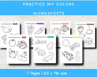 May include: A set of seven worksheets titled "Practice My Colors" with illustrations to color. Each worksheet focuses on a different color: blue, purple, orange, brown, red, green, and yellow. The worksheets are 8.5 x 11 inches in size.