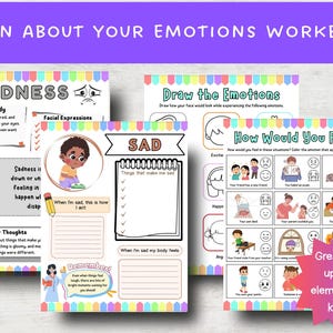 May include: A children's workbook, "Learn About Your Emotions", with pages exploring feelings like sadness. The workbook features illustrations and prompts to help children understand their emotions. Suitable for upper elementary school children.