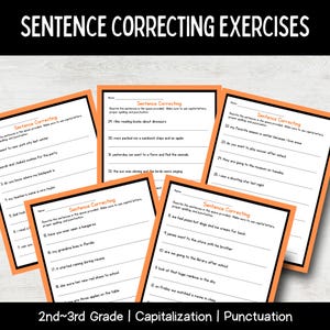 May include: A set of sentence-correcting worksheets for 2nd and 3rd grade pupils, focusing on capitalization and punctuation. Each sheet features a title and space for rewriting sentences. The text "Sentence Correcting" is visible.