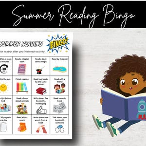 May include: A colorful summer reading bingo card with a cartoon girl reading a book. The card has squares with activities like "Read for at least 30 minutes", "Read a chapter book", "Read a book about magic", "Read by the pool", "Read in the sun", "Finish a series", "Read two books by the same writer", "Read with a friend", "Read right before bed", "Read a book about animals", "Write down five books in a reading log", "Read a comic book", "Read 30 pages in one day", "Read with a snack", "Write down new words from a book", and "Talk about your book with someone".
