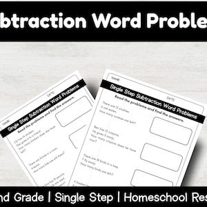 May include: Two worksheets with subtraction word problems for 1st-2nd grade pupils. The worksheets are titled "Single Step Subtraction Word Problems" and include math problems with space for answers. Colourful math symbols are in the upper right.