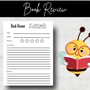 Könnte beinhalten: Ein weißes Buchrezensionsblatt mit Feldern für Titel, Autor, Bewertung, Zusammenfassung und Meinung. Rechts ist eine Cartoon-Biene mit Brille, die ein rotes Buch hält. Die Worte "Book Review" stehen oben.