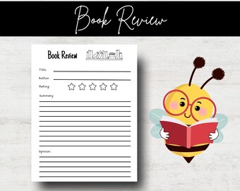 May include: A white book review sheet with fields for title, author, rating, summary, and opinion. A cartoon bee wearing glasses and holding a red book is on the right. The words "Book Review" are at the top.