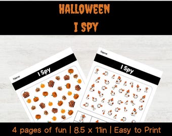 May include: Two "I Spy" activity sheets with Halloween-themed illustrations of pumpkins and ghosts. The text "Halloween I Spy" is at the top, with "4 pages of fun | 8.5 x 11in | Easy to Print" at the bottom. The sheets are on a light wood-grain surface.