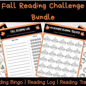May include: A bundle of fall-themed reading trackers and logs. The image features a reading bingo, a reading log, and a reading tracker. The trackers include spaces to record book titles and ratings, and to track reading progress with pie and pumpkin graphics.