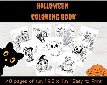 May include: A Halloween coloring book with the title at the top. The book contains 40 pages of fun, each 8.5 x 11 inches. The pages feature various Halloween-themed illustrations, including a haunted house, bats, ghosts, and pumpkins.