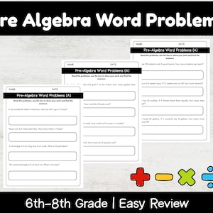 Puede incluir: Hojas de trabajo en blanco y negro con problemas de palabras de pre-álgebra para estudiantes de 6º a 8º grado. Las hojas de trabajo incluyen símbolos matemáticos y el texto "Pre-Algebra Word Problems (A)". La imagen también incluye el texto "6th-8th Grade | Easy Review".