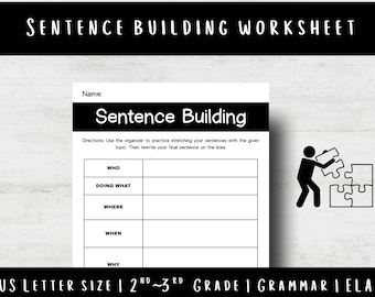 以下が含まれることがあります： 「Sentence Building」というタイトルの白いワークシート。 「誰が」「何をする」「どこで」「いつ」「なぜ」のセクションがあり、文章を完成させます。 パズルのピースを置いている棒人間のイラスト。 下部のテキストは「US LETTER SIZE | 2ND~3RD GRADE | GRAMMAR | ELA」です。