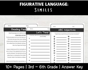 Simile Activities Worksheets | Figurative Language | Reading & Writing | Grammar | ELA Literacy