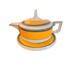 Elegant Art Deco-inspirerad Henrich HC Selb Porslin 350 g Tekanna med Fat Gul & Svart Geometrisk Design Sällsynt Samlarobjekt