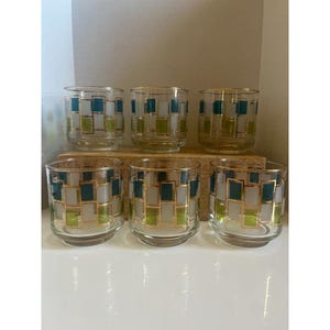 Set of 6 Libbey MCM Geometric Blue/Green Old Fashioned Glasses Modern Cool