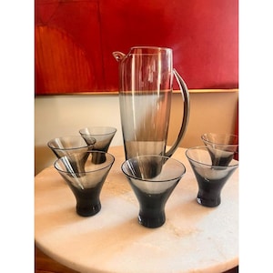 Vintage MCM Morgantown Normandie Smoke Gray Glass Cocktail Pitcher & Six Martini Glasses Set