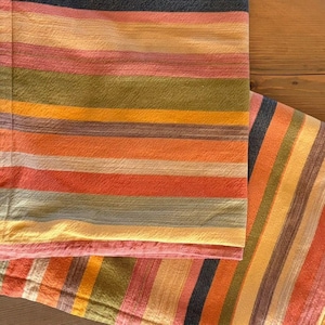 Puede incluir: Un tejido con un patrón repetitivo de rayas horizontales en varios colores, incluyendo azul oscuro, rosa claro, verde oliva apagado, naranja brillante, amarillo suave y rojo terracota. La tela tiene un tejido texturizado visible.