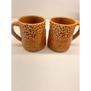 Vintage MCM Japan Brown Coffee Bean Burlap Sack Coffee Mugs Set Of 2 Japan