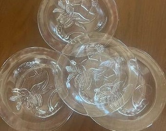 Nuutajarvi /Iittala Pioni 6.5 inch Glass Plates Set Of 4 By Oiva Toikka 1975 Vintage Clear Flowers Finland