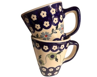Set Of 2 Hand-Painted Boleslawiec Polish Pottery Mugs Floral Design signed