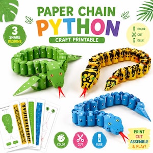 Puede incluir: Un conjunto de manualidades imprimibles de pitones de cadena de papel con tres diseños de serpientes en verde, amarillo y azul. La imagen muestra serpientes de papel ensambladas con lenguas rojas y plantillas impresas para colorear, cortar y pegar.