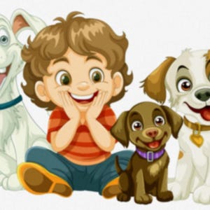 Watercolor Kids and Puppies Clipart: Boy with Dogs (Digital Download)