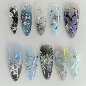 Galaxy Star And Silver Cross Nails, Press On Nails, Cosmic Nails, Luxury Nails, Fake Nails, Nail Art, Nail Polish, 3D Rhinestone Nails TL101