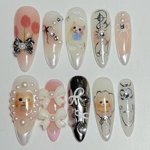 Silver Cat And Bow Nails, Press On Nails, Cute Pet Nails, Luxury Nails, Fake Nails, Nail Art, Nail Polish, Pearl 3D Gel Nails TL63