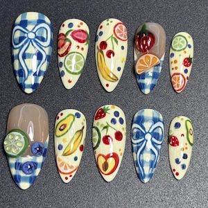 Fruit Salad And Gingham Nails | Press On Nails | Hand Painted Fake Nails, Colorful Nails, Artist Faux Nails, Reusable Premium Nails TL41