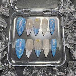 Ocean Shell Dreams – Luxury Press On Nails with Pearlescent Blue Waves & 3D Gel Art TL20