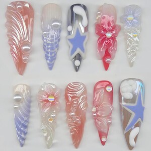 Starfish And Seashell Nails, Press On Nails, Ocean Inspired Nails, Luxury Nails, Fake Nails, Nail Art, Nail Polish, 3D Gel Beach Nails TL93