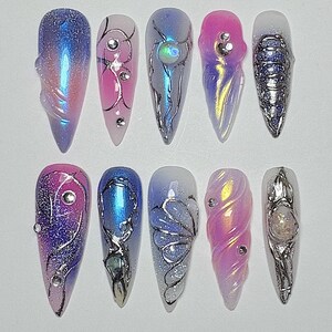 Holographic Galaxy And Chrome Nails, Press On Nails, Cosmic Fantasy Nails, Fake Nails, Nail Art, Nail Polish, Shell 3d Gel Nails TL47