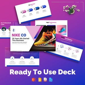 Puede incluir: Una presentación de diapositivas con fondo rosa y morado. La presentación es para una empresa llamada NIKE CO. La empresa lleva 20 años en el negocio. La presentación incluye información sobre los servicios, el rendimiento y las contribuciones de la empresa. La presentación también incluye una imagen de una zapatilla deportiva colorida.
