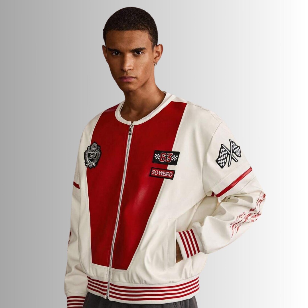 Homme Red Racing Jacket Men's Racing Style Leather Jacket | Red & White Varsity Bomber - Etsy