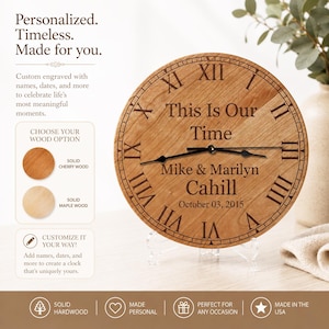 Personalized Wood Wall Clock, Custom Laser Engraved Clock, Anniversary Gift for Couple, Wedding Gift, Housewarming Decor, Family Name Clock