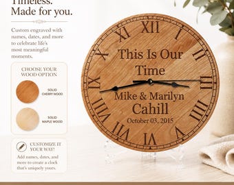 Personalized Wood Wall Clock, Custom Laser Engraved Clock, Anniversary Gift for Couple, Wedding Gift, Housewarming Decor, Family Name Clock