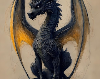 Majestic Black Dragon Art Print – Mystical Fantasy Illustration