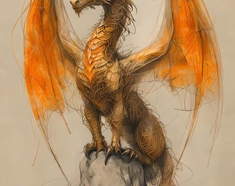 Orange Dragon Art Print – Mystical Fantasy Illustration