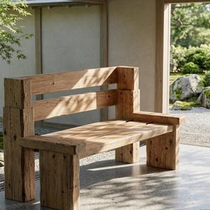 May include: A light brown wooden bench constructed from thick, rectangular timber beams. The bench features a flat seat, a backrest composed of two horizontal planks, and sturdy block-style legs that extend upward to form the armrests.